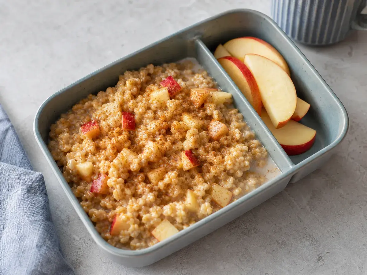 Illustrative image of apple cinnamon steel-cut oats in breakfast containers