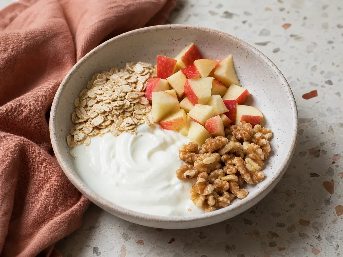 Illustrative image of Greek yogurt meal prep boxes with apple and walnuts