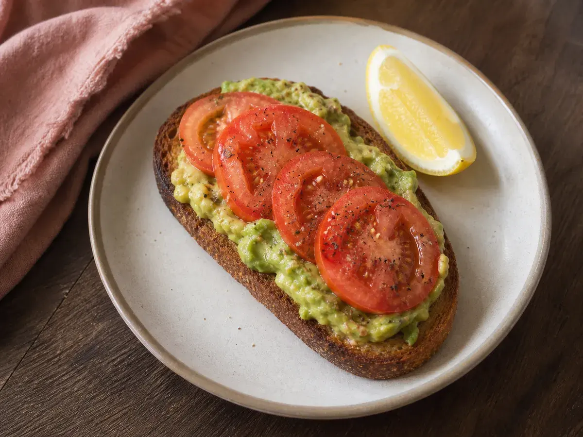 Illustrative image of avocado toast with tomato served in a simple everyday setting