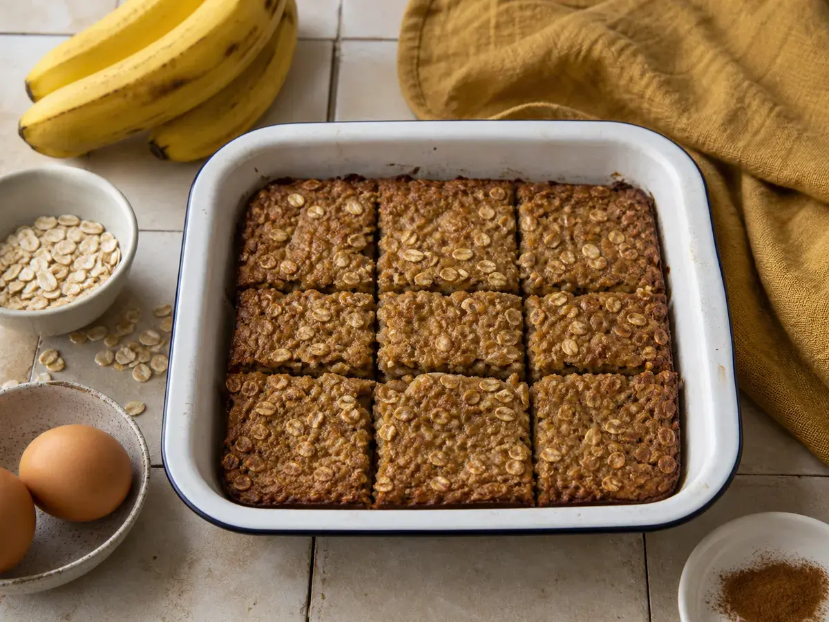 Illustrative image of baked banana oatmeal squares with cinnamon