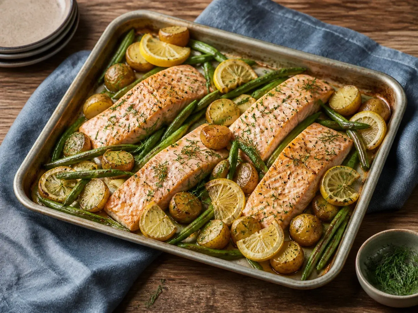 Illustrative image of baked salmon with potatoes served in a simple everyday setting