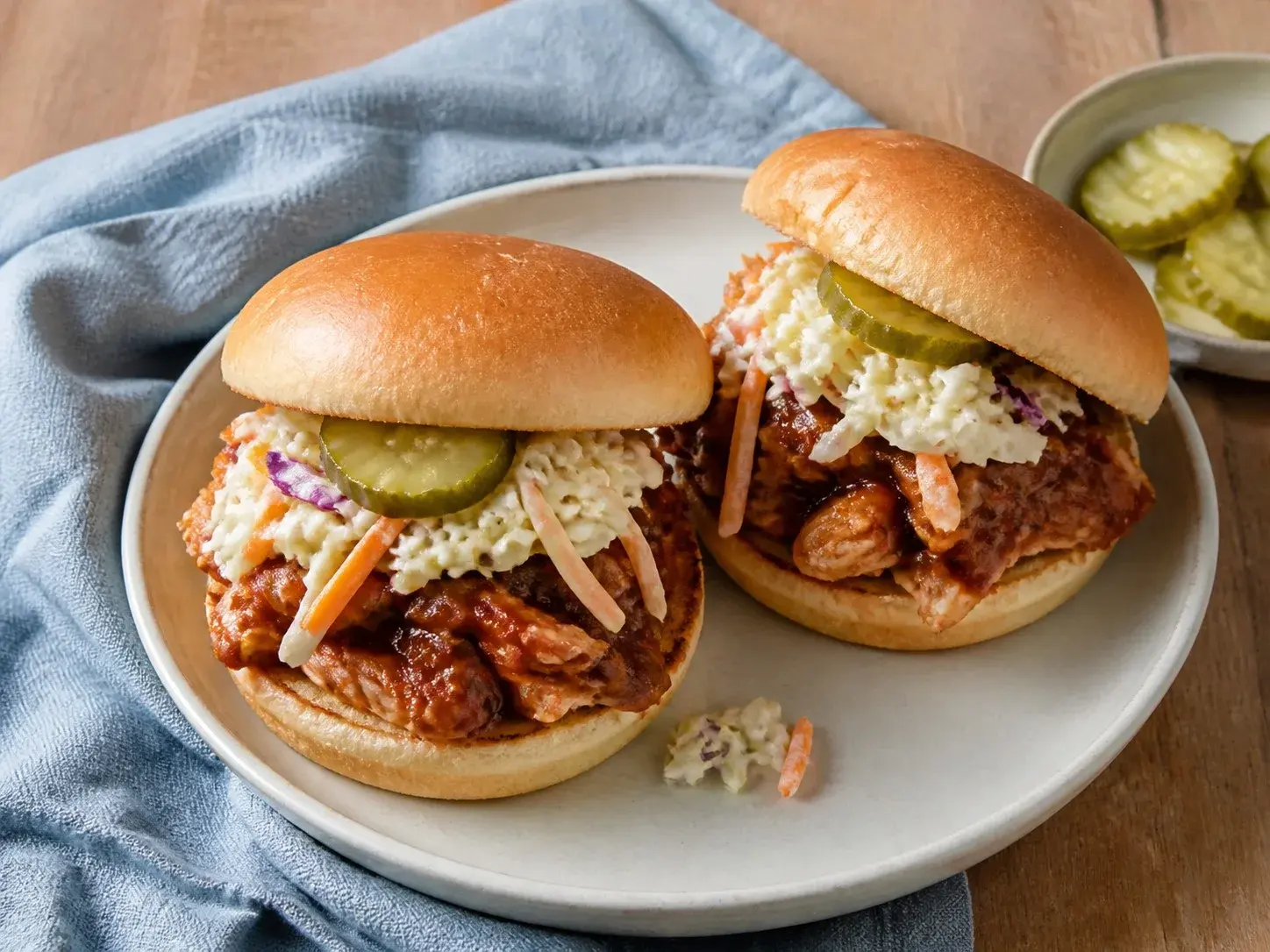 Illustrative image of bbq chicken sandwiches served in a simple everyday setting