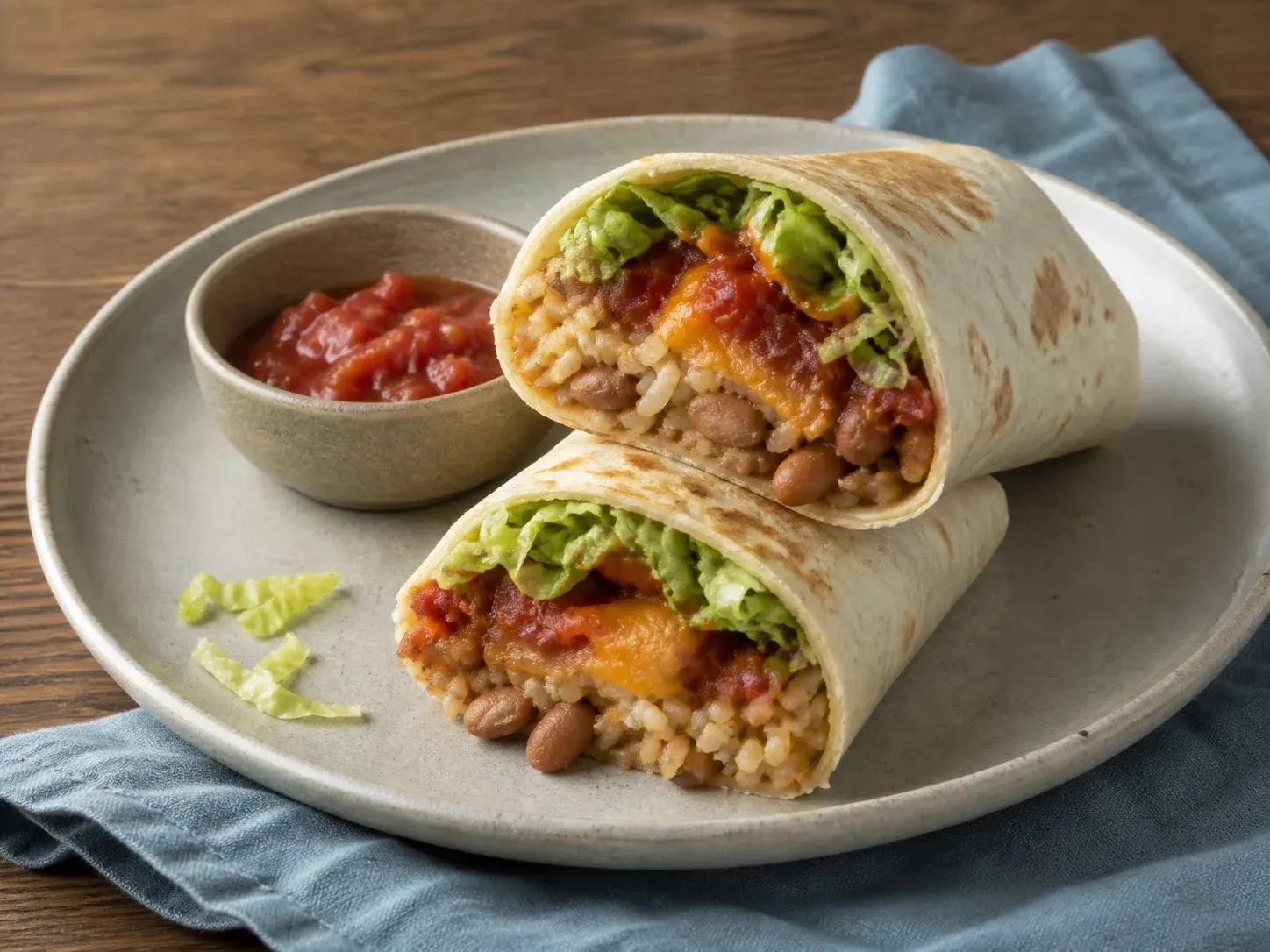 Illustrative image of bean and cheese burritos served in a simple everyday setting