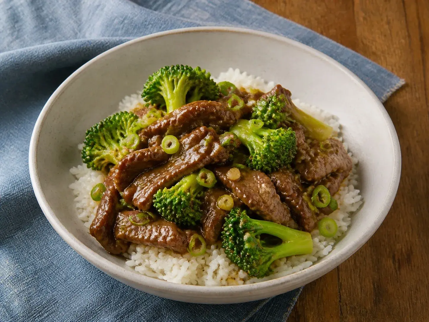 Illustrative image of beef and broccoli rice served in a simple everyday setting