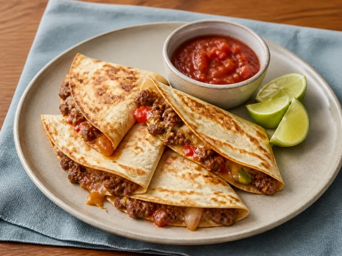 Illustrative image of beef quesadillas served in a simple everyday setting