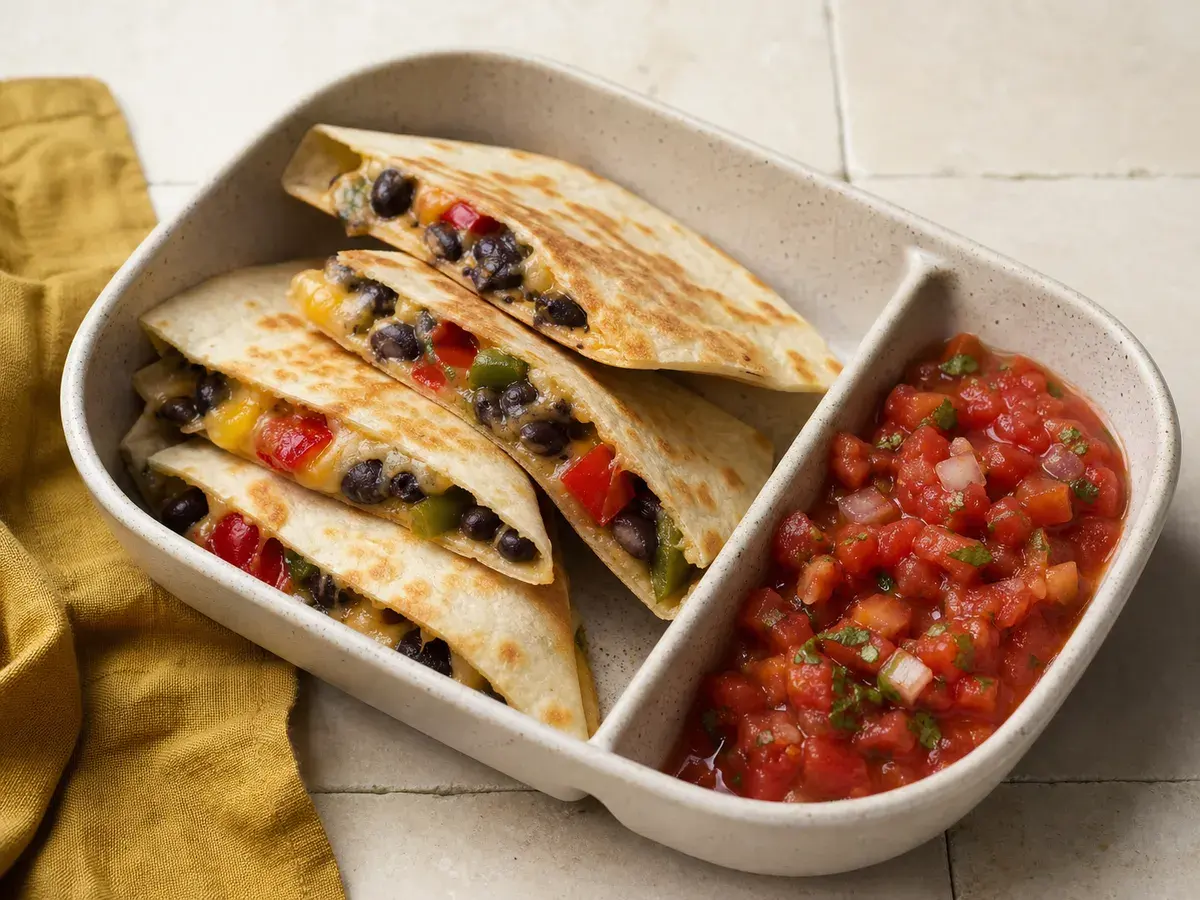 Illustrative image of black bean quesadillas served in a simple everyday setting