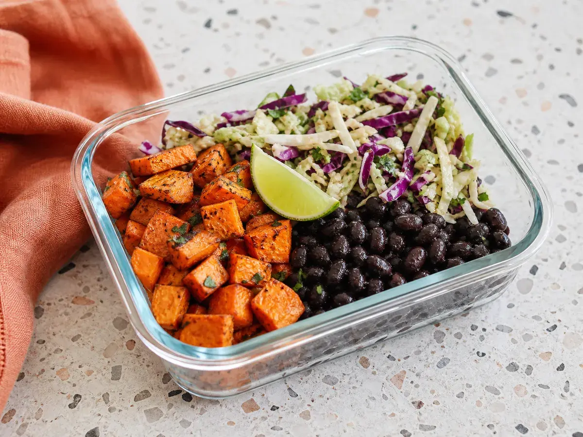 Illustrative image of black bean and roasted sweet potato bowls