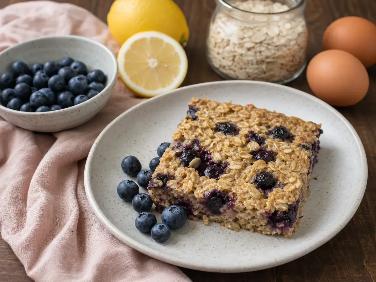 Illustrative image of blueberry lemon baked oatmeal in squares