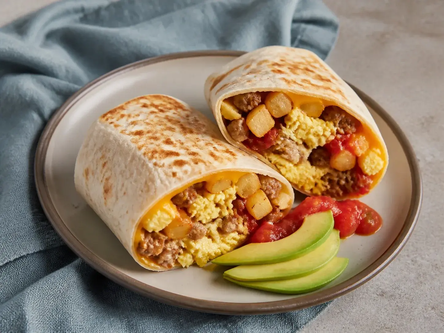 Illustrative image of breakfast burritos served in a simple everyday setting