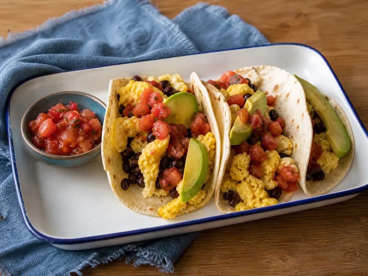 Illustrative image of breakfast tacos served in a simple everyday setting