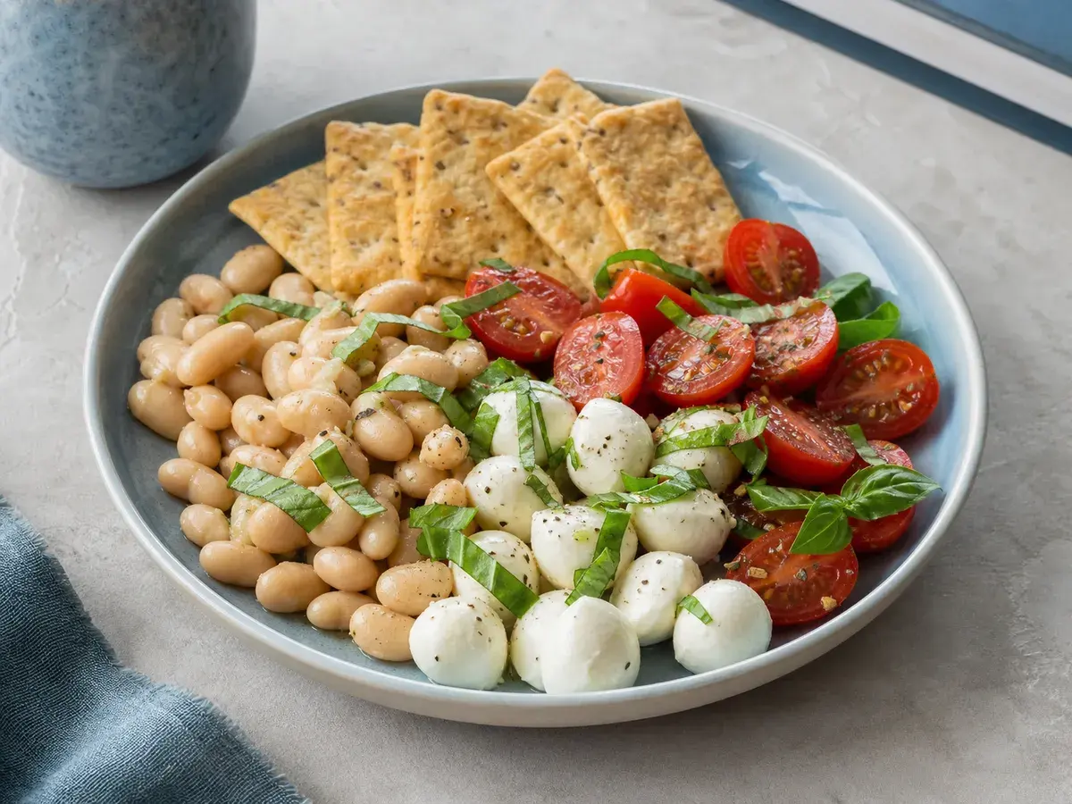 Illustrative image of a caprese lunch box with white beans