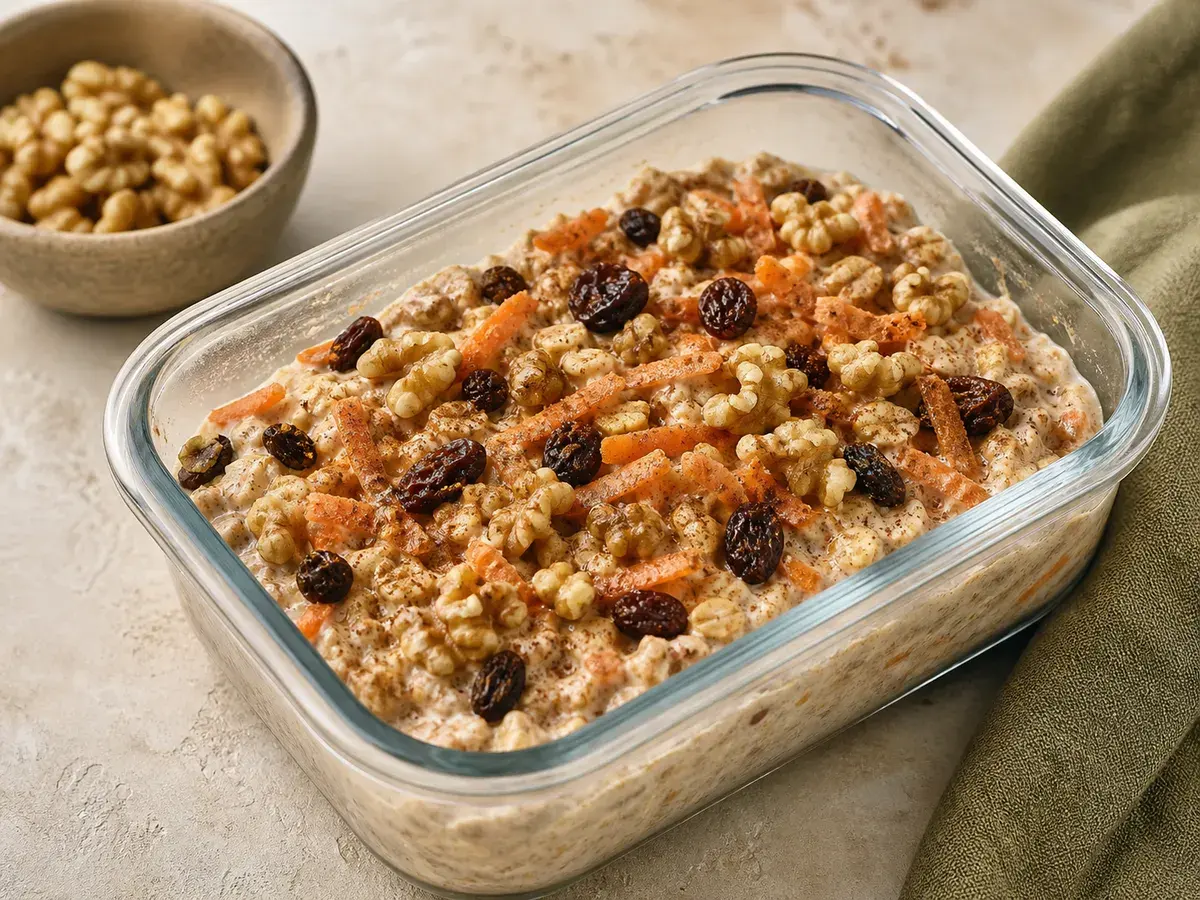 Illustrative image of carrot cake overnight oats with walnuts