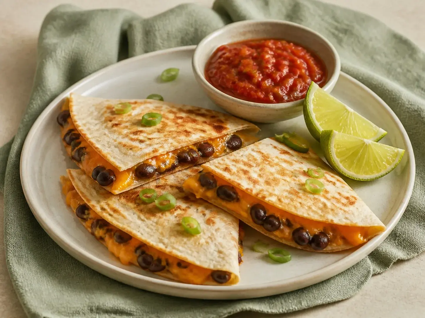 Illustrative image of cheese and bean quesadillas served in a simple everyday setting