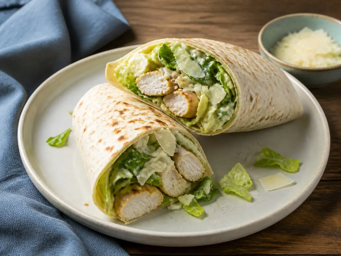 Illustrative image of chicken caesar wraps served in a simple everyday setting