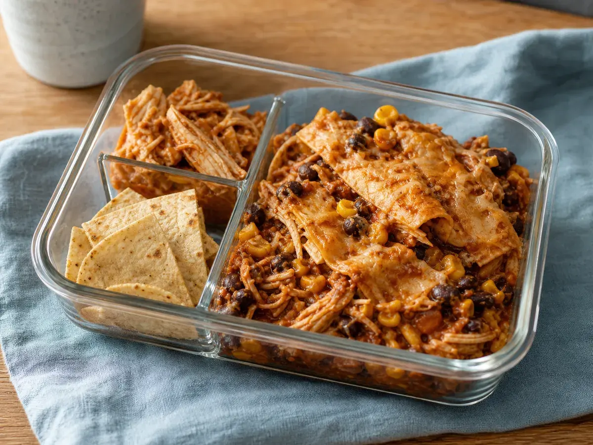 Illustrative image of a chicken enchilada and bean bake