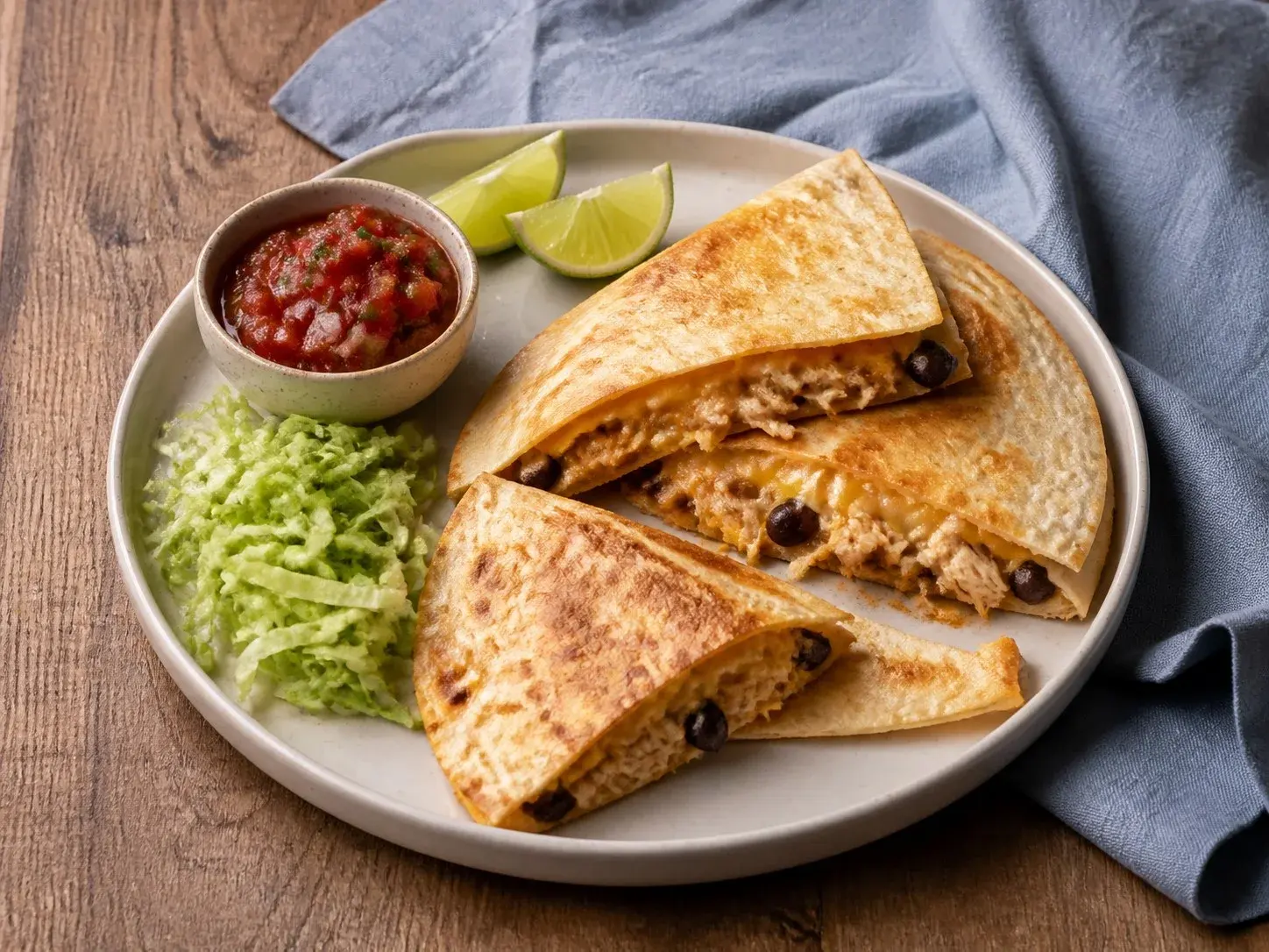 Illustrative image of chicken quesadillas served in a simple everyday setting