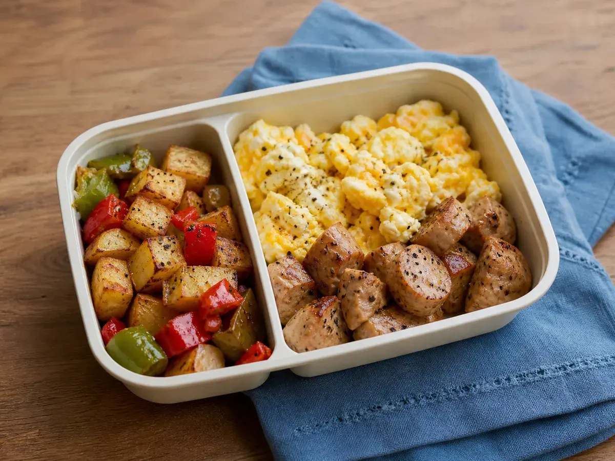 Illustrative image of chicken sausage potato breakfast bowls with eggs