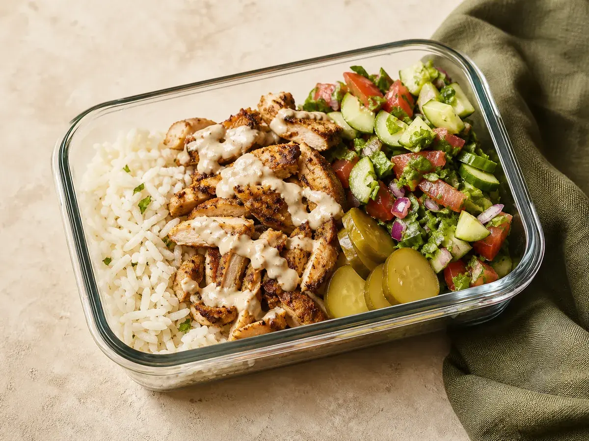 Illustrative image of chicken shawarma bowl served in a simple everyday setting