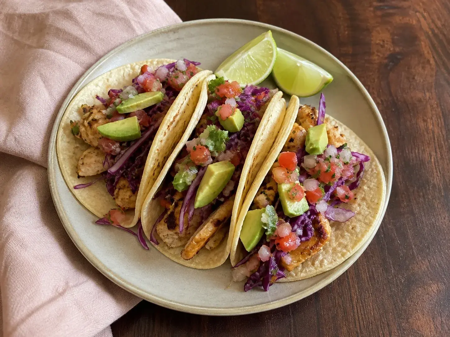 Illustrative image of chicken tacos served in a simple everyday setting