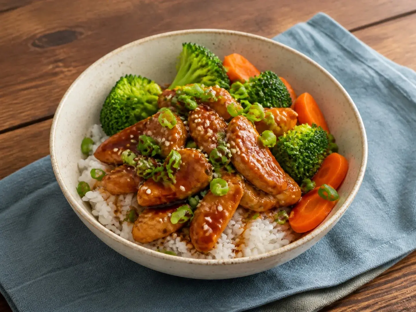 Illustrative image of chicken teriyaki rice bowl served in a simple everyday setting