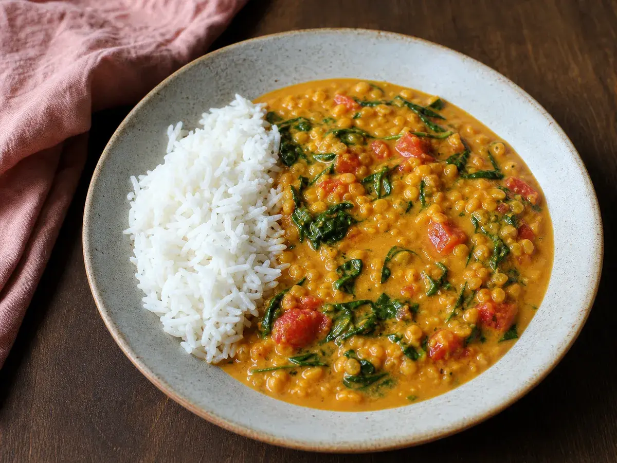 Illustrative image of coconut red lentil curry with spinach