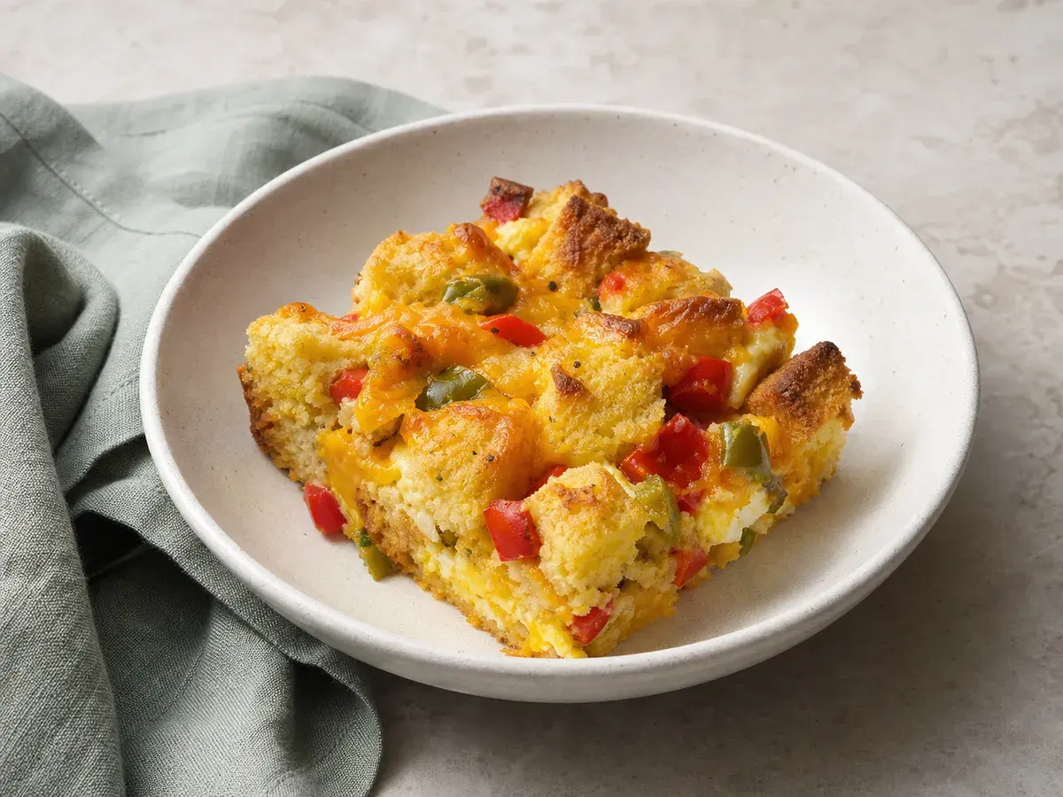 Illustrative image of cornbread egg breakfast bake cut into squares
