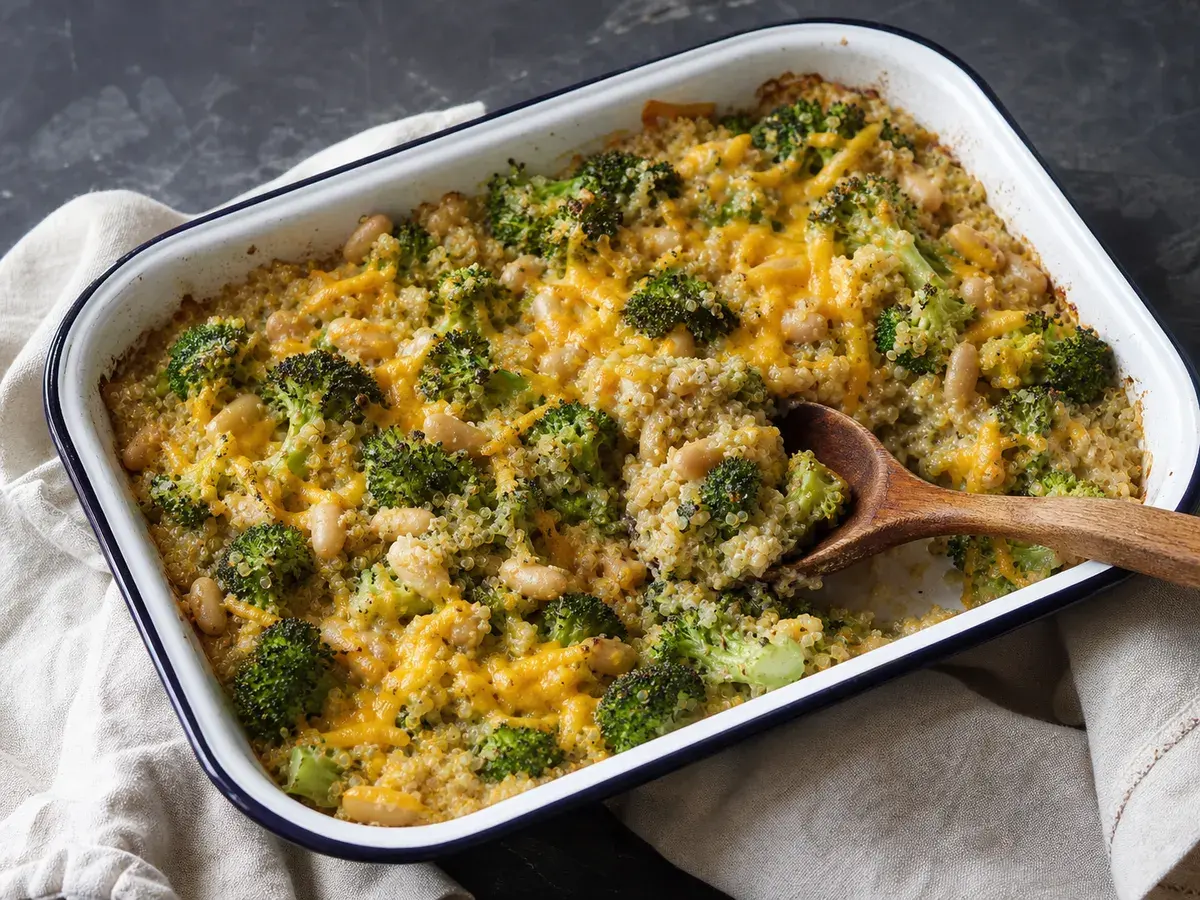 Illustrative image of a creamy broccoli and quinoa bake