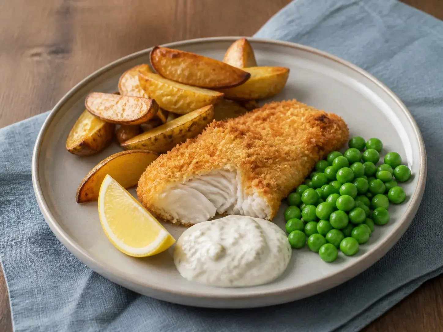 Illustrative image of crispy oven fish and chips served in a simple everyday setting