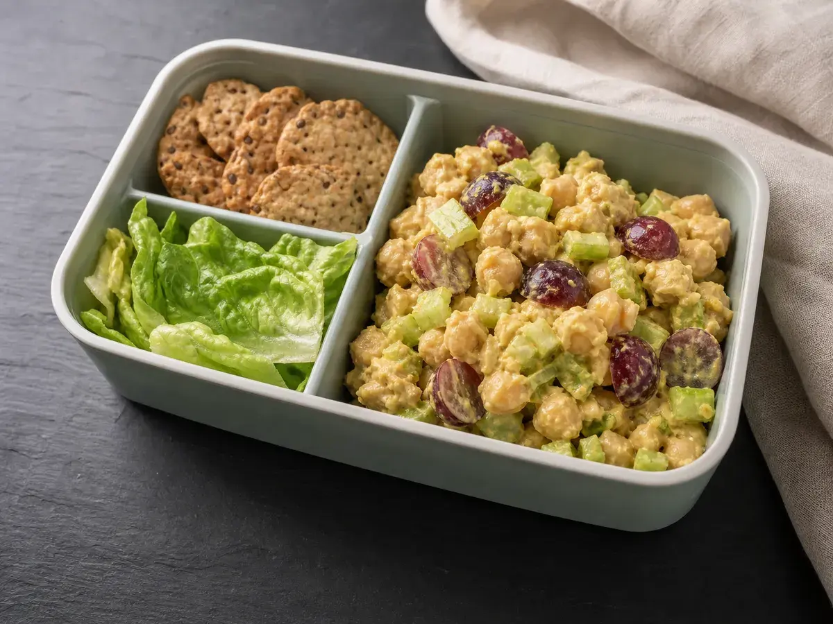 Illustrative image of curried chickpea salad boxes with crackers