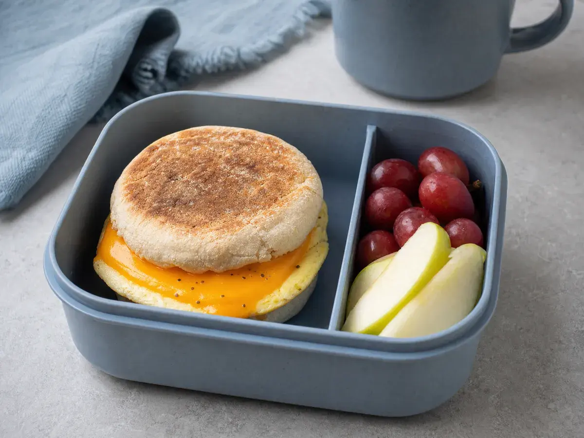 Illustrative image of egg and cheddar breakfast sandwiches served in a simple everyday setting