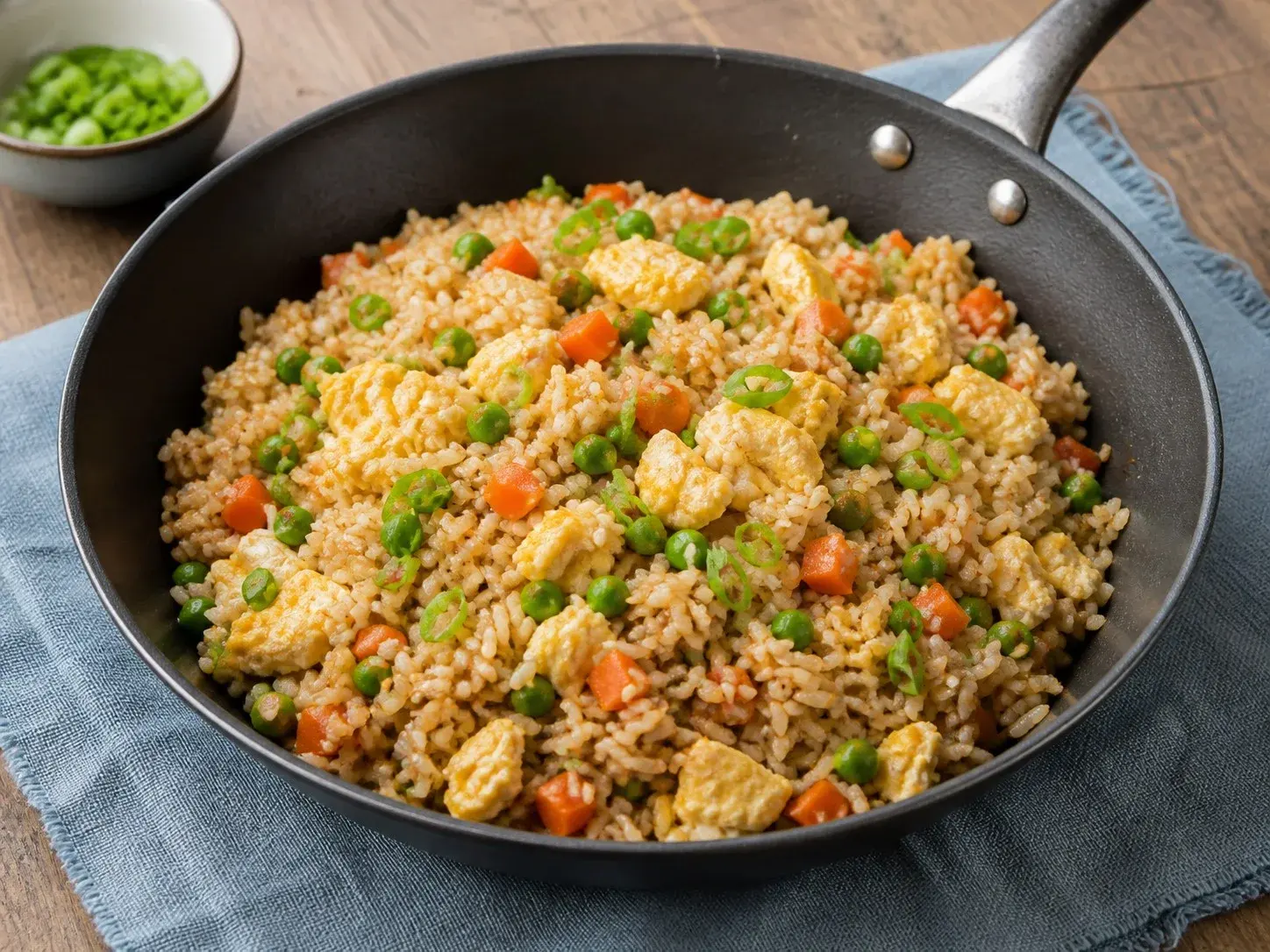 Illustrative image of egg fried rice served in a simple everyday setting