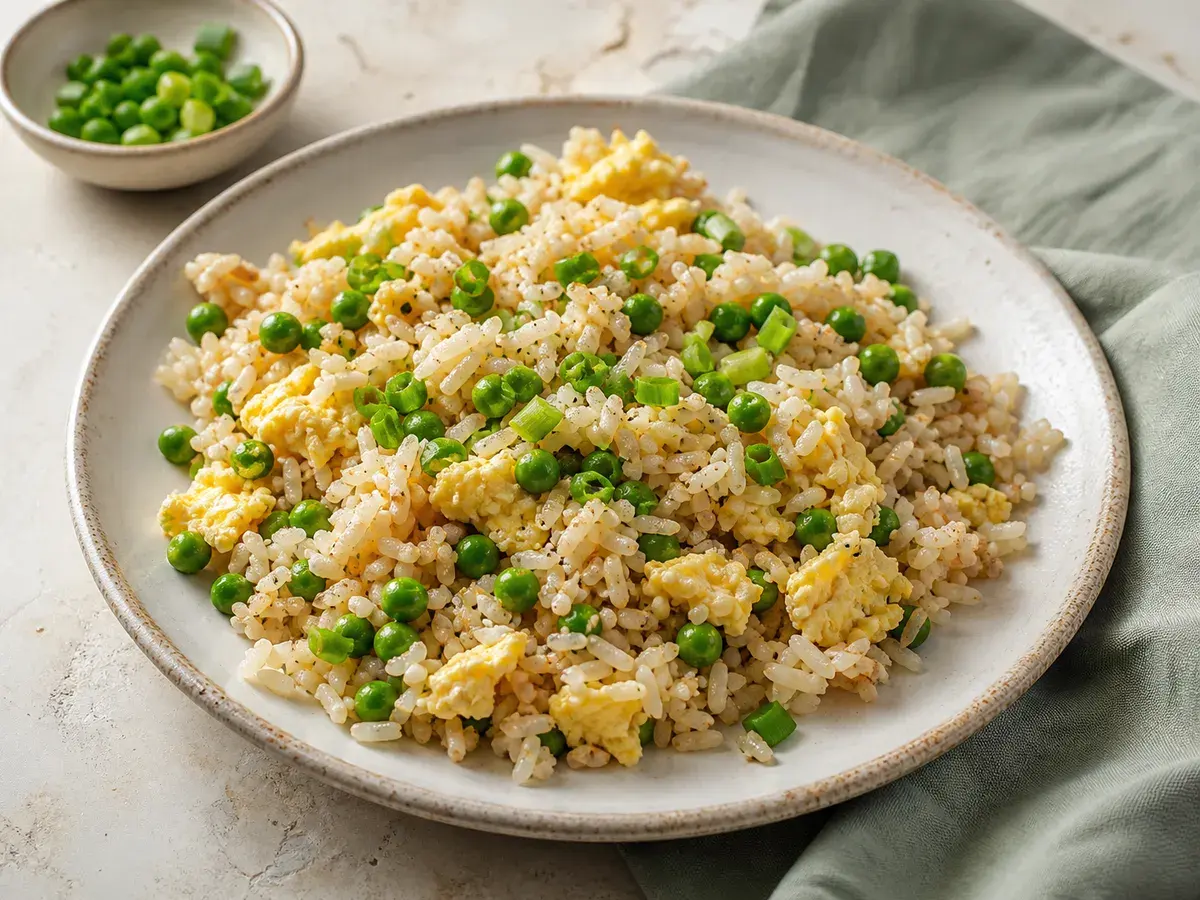 Illustrative image of breakfast fried rice with eggs and peas