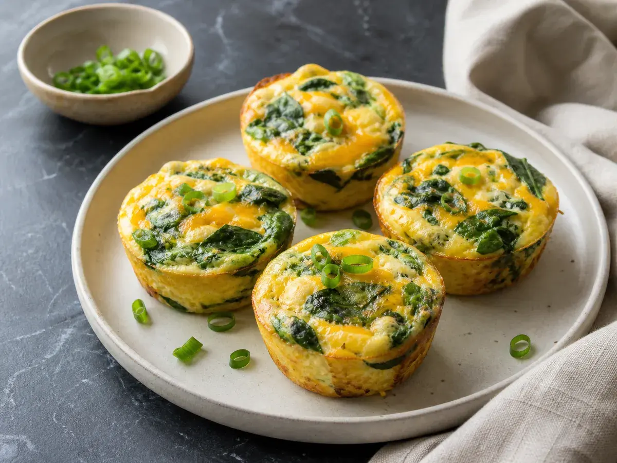 Illustrative image of baked egg muffins with spinach and cheddar