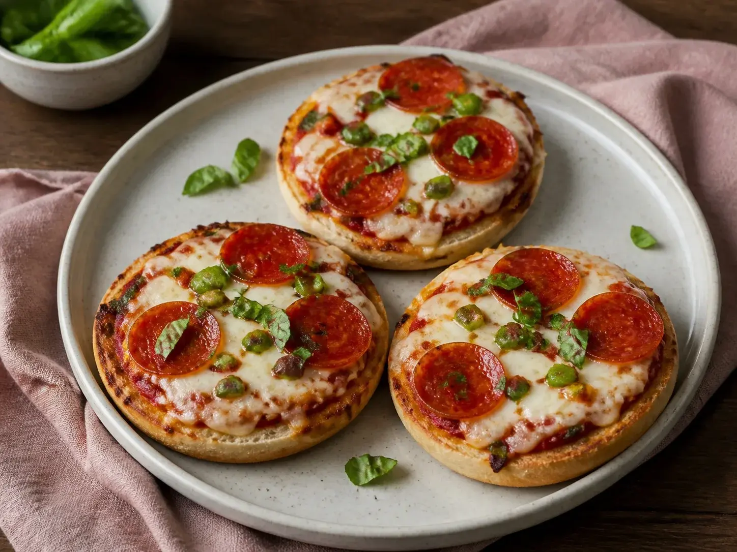 Illustrative image of english muffin pizzas served in a simple everyday setting