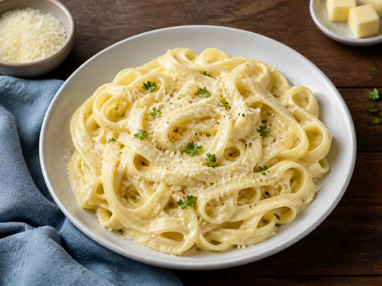 Illustrative image of fettuccine alfredo served in a simple everyday setting