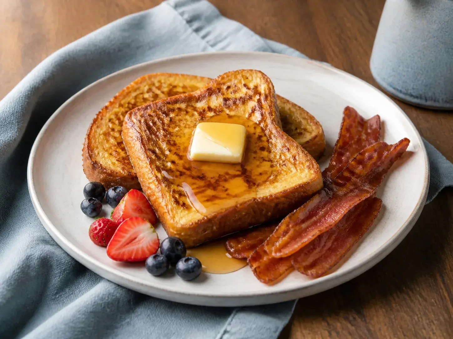 Illustrative image of french toast with bacon served in a simple everyday setting