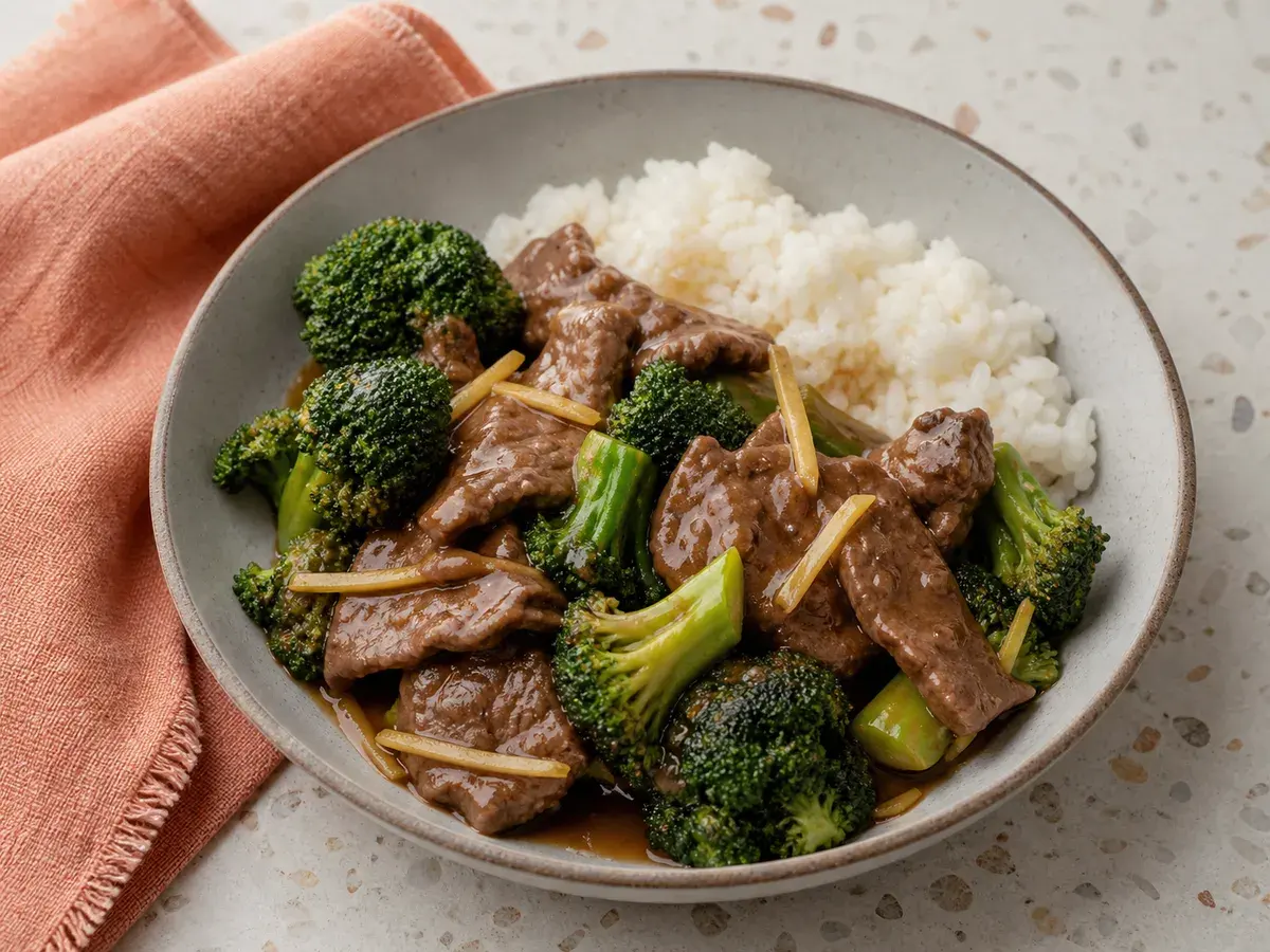 Illustrative image of ginger beef, broccoli, and rice