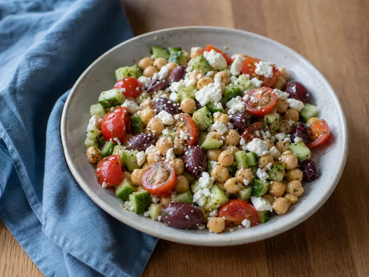 Illustrative image of a Greek chickpea salad with cucumber and tomatoes