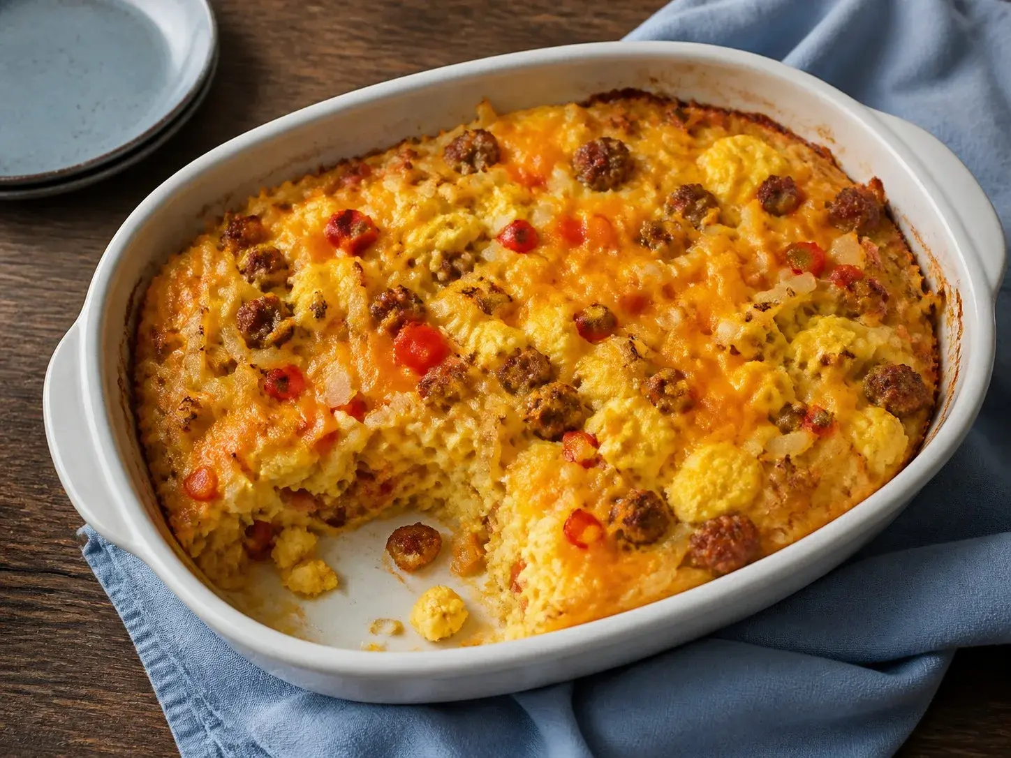 Illustrative image of hash brown casserole served in a simple everyday setting