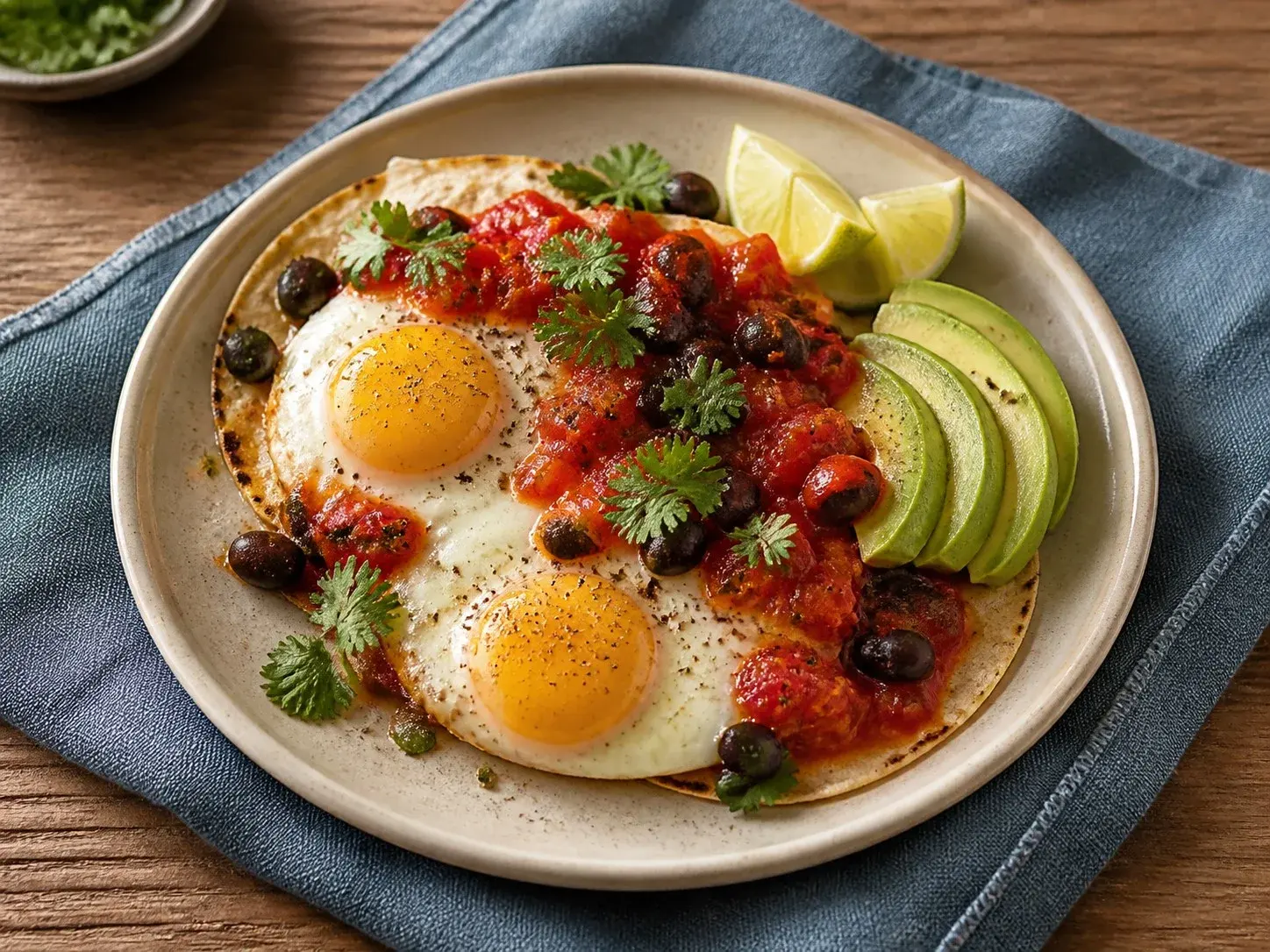Illustrative image of huevos rancheros served in a simple everyday setting