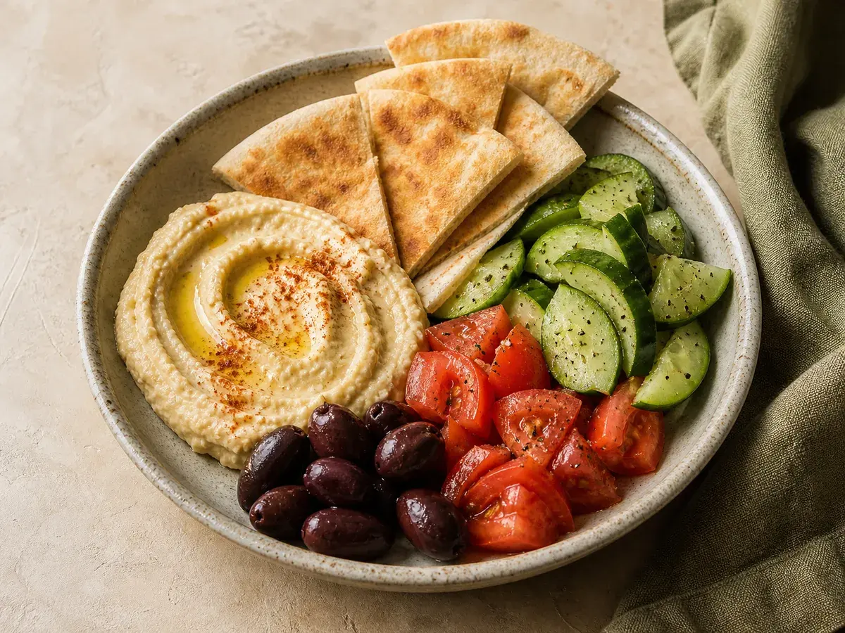 Illustrative image of hummus vegetable breakfast boxes with pita