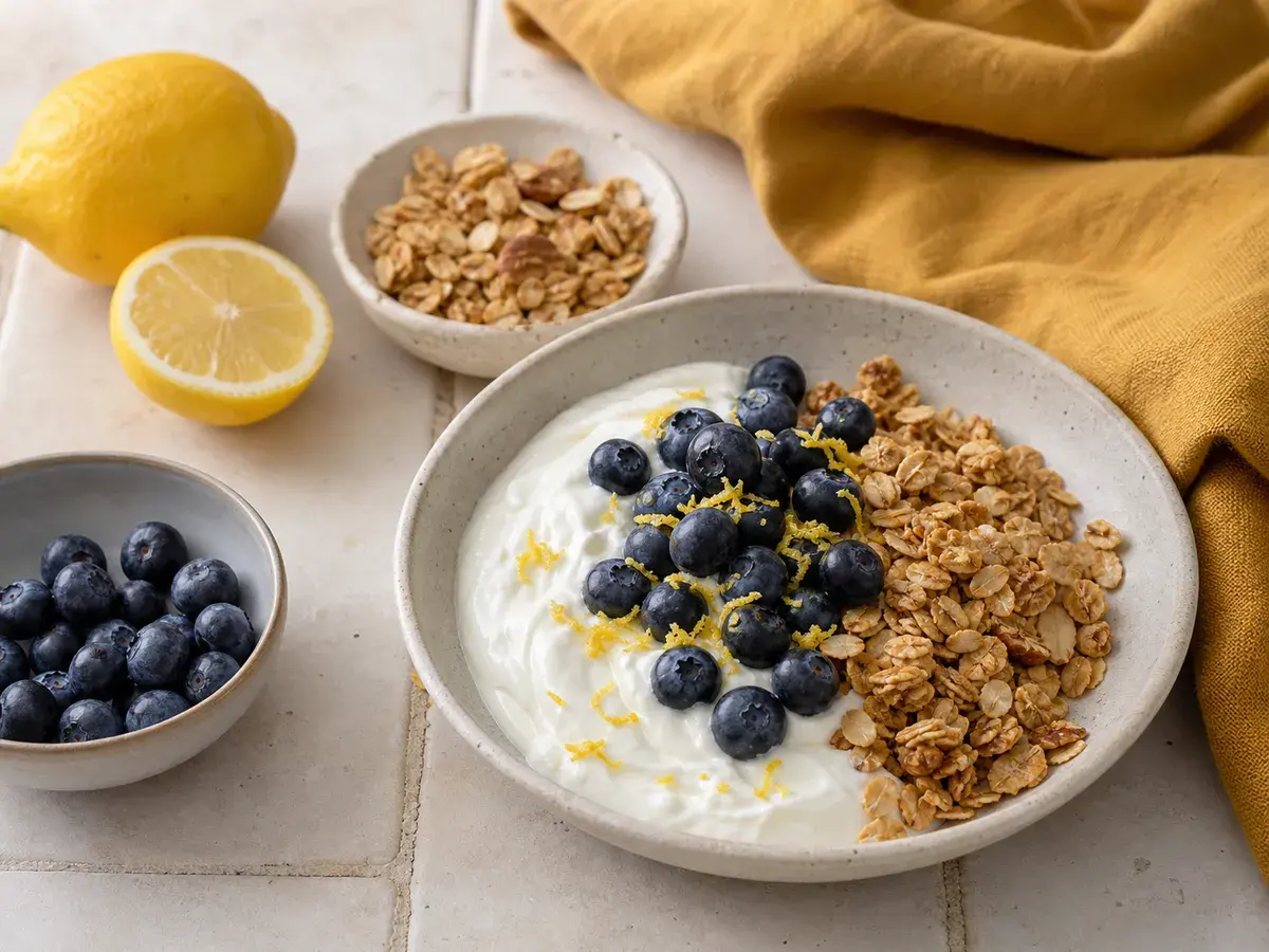 Illustrative image of lemon blueberry yogurt parfaits with granola