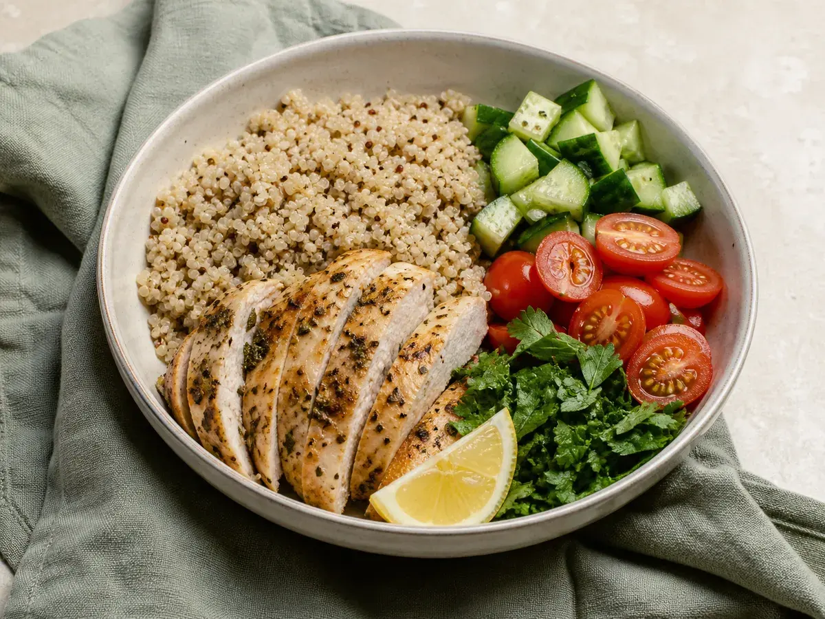 Lemon herb chicken grain bowl with quinoa, cucumber, tomatoes, and herbs