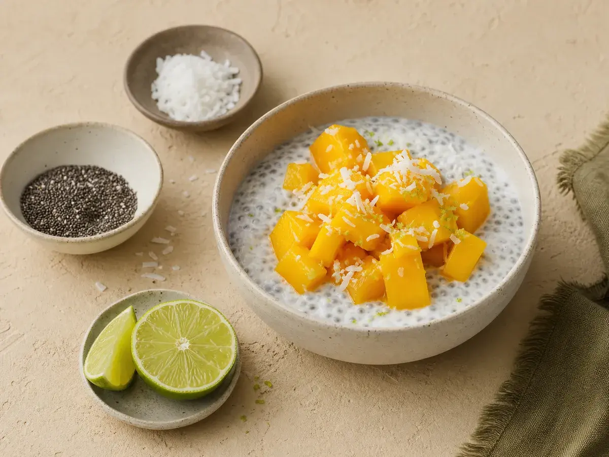 Illustrative image of mango coconut chia pudding in glass jars