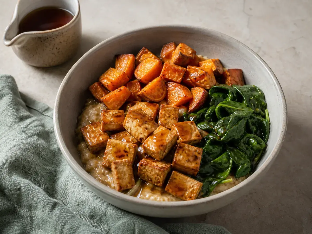 Illustrative image of tofu breakfast bowls with sweet potato and spinach