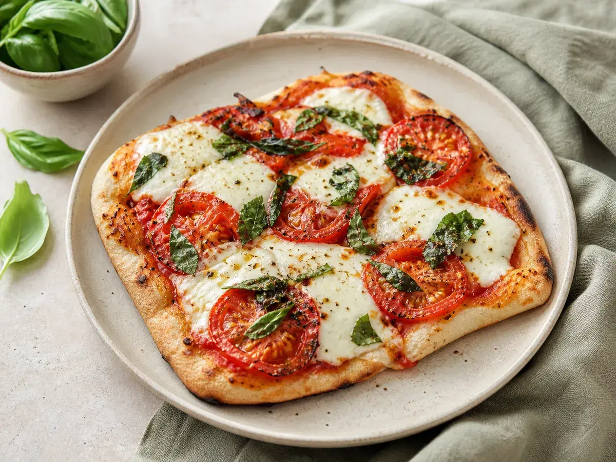 Illustrative image of margherita flatbread served in a simple everyday setting
