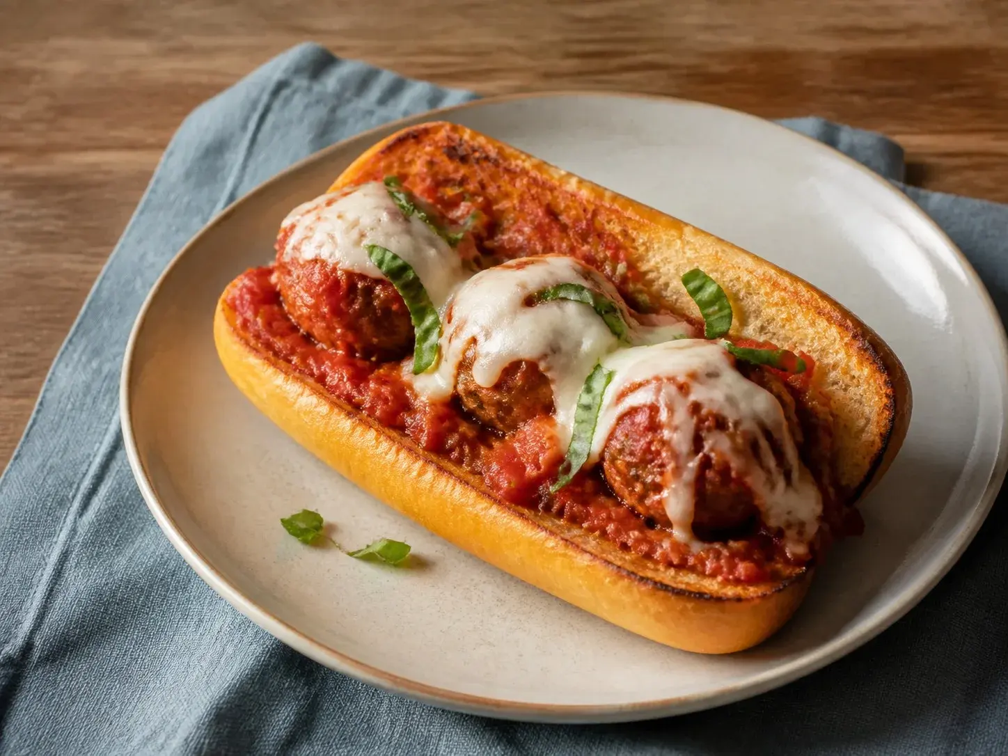 Illustrative image of meatball subs served in a simple everyday setting