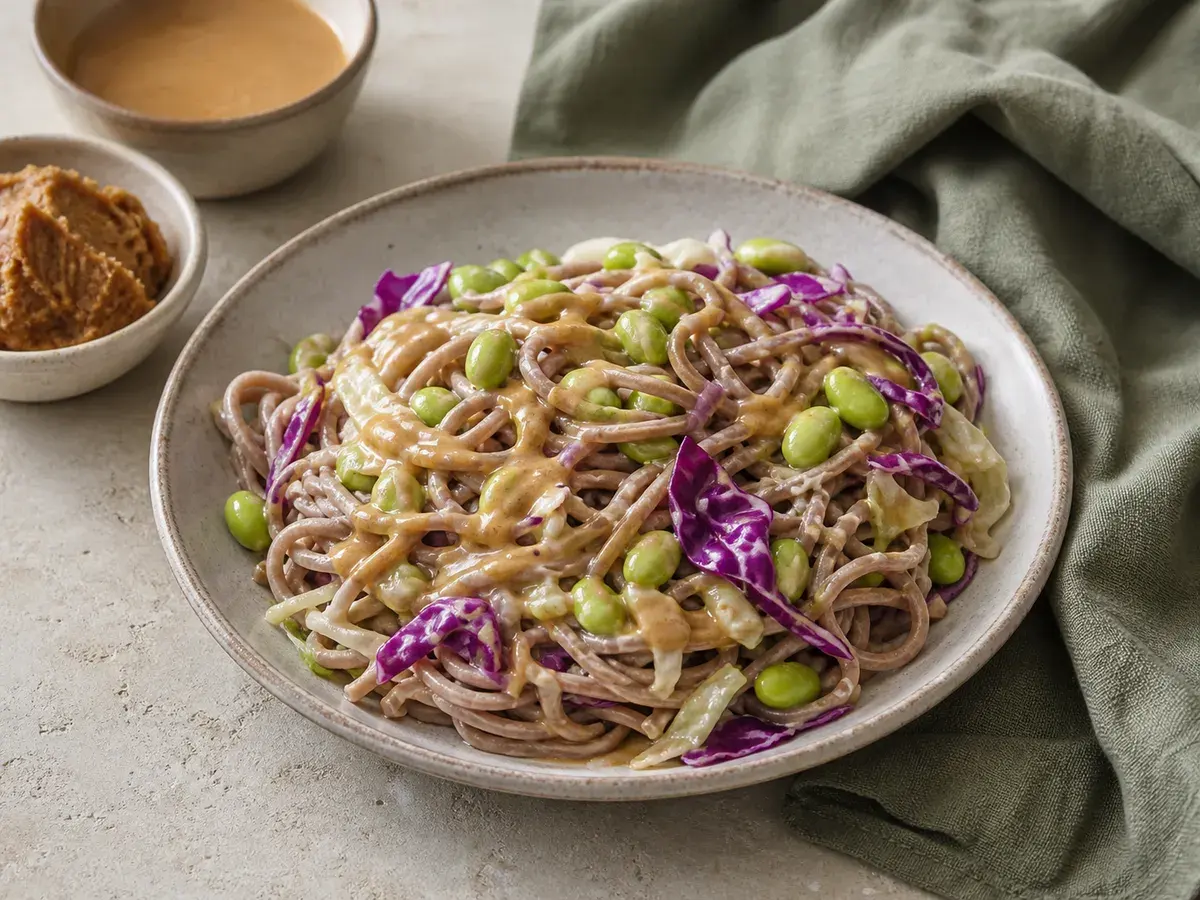 Illustrative image of miso soba noodles with edamame and cabbage