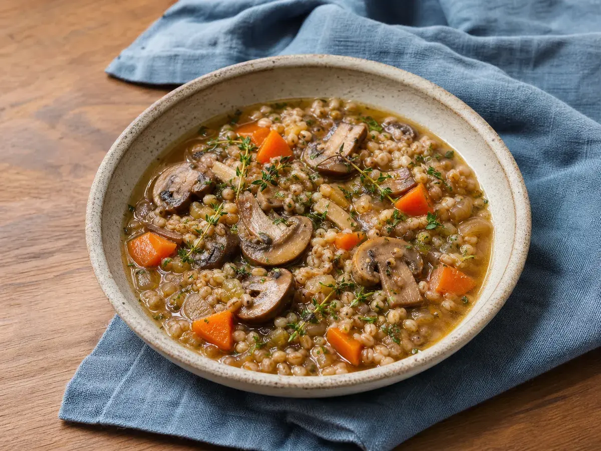Illustrative image of mushroom barley stew with carrots and herbs