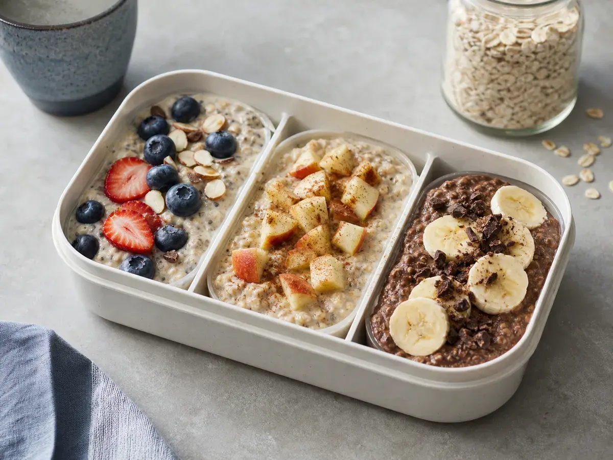 Illustrative image of jars of overnight oats topped with fruit